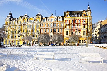 Richly decorated hotel facades, wintery, Marianske Lazne, Czech Republic, Europe