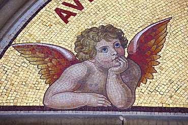 Angel, fresco at the church entrance, mosaic, based by the Sistine Madonna by Raphael, Klaoeter Tepla, Premonstratensian Tepla Abbey near Marianske Lazne, Czech Republic, Europe