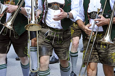 Detail of three musicians in traditional lederhosen, short leather pants, Upper Bavaria, Bavaria, Germany, Europe