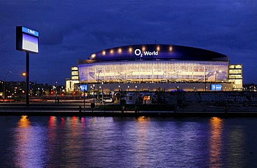 O2 World stadium, with Spree river and East Side Gallery, O2 World, O2-Arena stadium, Anschutz Entertainment Group company, Friedrichshain district, Berlin, Germany, Europe