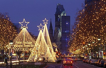 Tauentzienstrasse strasse and Kaiser-Wilhelm-Gedaechtniskirche, Kaiser Wilhelm Memorial Church at Breitscheidplatz square at Christmas time with fairy lights, Charlottenburg district, Berlin, Germany, Europe