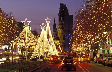 Tauentzienstrasse strasse and Kaiser-Wilhelm-Gedaechtniskirche, Kaiser Wilhelm Memorial Church at Breitscheidplatz square at Christmas time with fairy lights, Charlottenburg district, Berlin, Germany, Europe