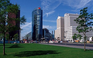 View from Leipziger Platz square on Potsdamer Platz square with Deutsche Bahn Tower and Sony Center, Mitte district, Germany, Europe