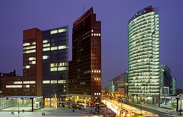 Skyscrapers on Potsdamer Platz square in winter, the Chrysler Building, the Sony Center, Deutsche Bahn Tower and Beisheim Center with Ritz Carlton Hotel, Tiergarten district, Berlin, Germany, Europe