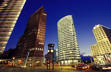 Skyscrapers on Potsdamer Platz square, the Chrysler Building, the Sony Center, Deutsche Bahn Tower and Beisheim Center with Ritz Carlton Hotel, Tiergarten district, Berlin, Germany, Europe