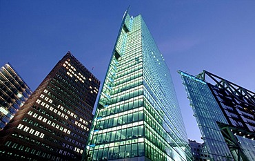 Skyscrapers on Potsdamer Platz square, Kollhoff high-rise building, Chrysler Building, Sony Center, Deutsche Bahn Tower, Tiergarten district, Berlin, Germany, Europe