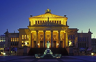 Schauspielhaus theater by Karl Friedrich Schinkel, today a concert hall, with Schiller monument on Gendarmenmarkt square, Mitte district, Germany, Europe