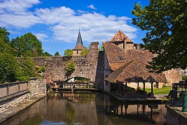 Le Bruch, old city wall with weir on the Lauter river, Wissembourg, Vosges du Nord nature park, Vosges mountains, Alsace, France, Europe