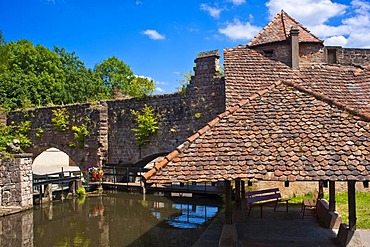 Le Bruch, old city wall with weir on the Lauter river, Wissembourg, Vosges du Nord nature park, Vosges mountains, Alsace, France, Europe