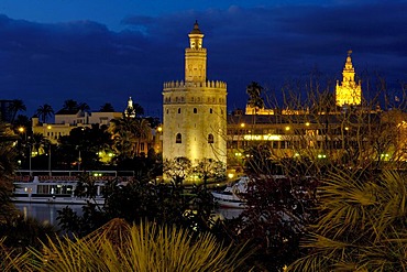 Torre del Oro at dusk, Sevilla, Andalusia, Spain, Europe