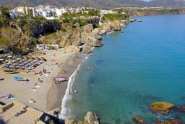 Playa Calahonda, view from Balcon de Europa, Balcony of Europe, Nerja, Costa del Sol, Malaga province, Andalusia, Spain, Europe