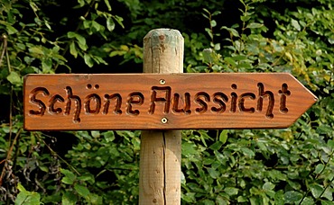 Sign "Schoene Aussicht", German for "beautiful view" in Moselle valley, Rhineland-Palatinate, Germany, Europe