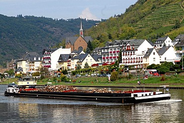 Cargo boat on the Moselle river near Cond, Cochem, Rhineland-Palatinate, Germany, Europe