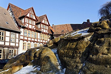 Historic half-timbered houses on the castle hill, rocks, Quedlinburg, Harz, Saxony-Anhalt, Germany Europe