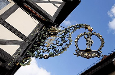 Ornamental sign of the Roland Cafe, Breite Strasse Street, Quedlinburg, Harz, Saxony-Anhalt, Germany, Europe