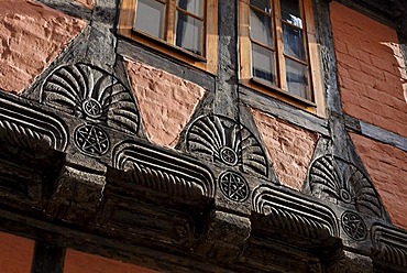 Beautifully carved beams, historic half-timbered house, Quedlinburg, Harz, Saxony-Anhalt, Germany, Europe