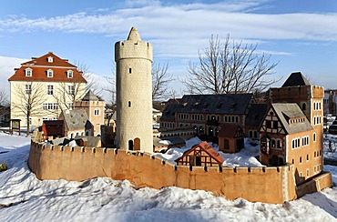 Large outdoor model of Burg Anhalt castle in the snow, Ballenstedt, northern Harz, Saxony-Anhalt, Germany, Europe