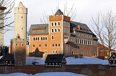 Large outdoor model of Burg Anhalt castle in winter, Ballenstedt, northern Harz, Saxony-Anhalt, Germany, Europe