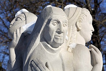 Figure of an old woman, sculpture "Die Nornen", "The Norns", figures on the Mythenweg Germanic myth road, Thale spa gardens, Harz, Saxony-Anhalt, Germany, Europe