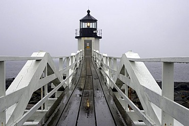 Marshall Point lighthouse, rain, fog, Port Clyde, Maine, New England, USA