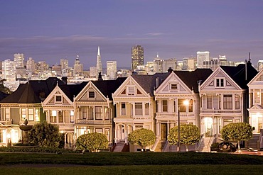 Alamo Square at dusk, Painted Ladies, San Francisco, California, United States of America