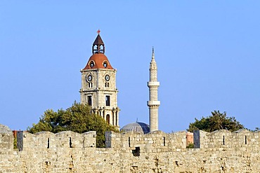 Suleiman Mosque and Roloi Tower, Rhodes Town, Rhodes Island, Dodecanese, Greece, Europe