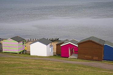 Beach huts and sea at Tankerton near Whitstable, Kent, England, United Kingdom, Europe