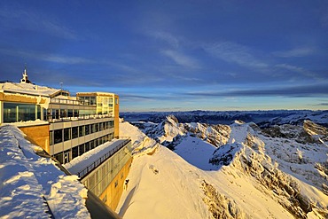 View of the panorama restaurant and viewing terrace on the summit of Mt Saentis, short before sunset, Canton of Appenzell Innerrhoden, Switzerland, Europe