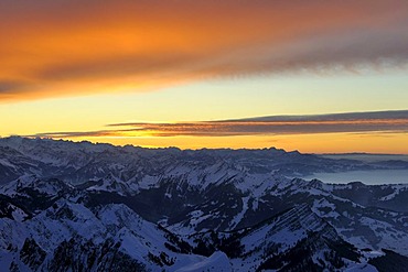 Mood of the light after sunset, above the Alpstein area, Switzerland, Europe