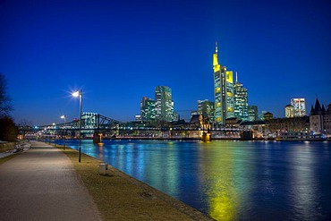 Skyline in the evening light, banks, Commerzbank, river Main, Frankfurt, Hesse, Germany, Europe