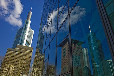 Frankfurt skyline, reflected in the high-rise facade of Commerzbank AG Dresdner Bank, Frankfurt, Hesse, Germany, Europe