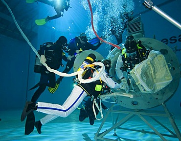 Backup divers and astronauts practicing with a space station module reproduction in a diving basin, European Space Agency, ESA, European Astronaut Center, EAC, Cologne, North Rhine-Westphalia, Germany, Europe