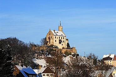 Burg Goessweinstein castle in winter, 1076, remodelled in the Neo-Gothic style around 1890, Goessweinstein, Upper Franconia, Bavaria, Germany, Europe