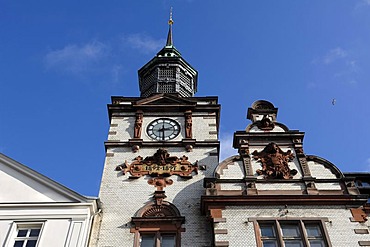 Ornate tower with clock tower and gable with the old coat of arms of Mecklenburg, main post office, built from 1892 to 1897 in Neo-Renaissance style, Mecklenburgstrasse, Schwerin, Mecklenburg-Western Pomerania, Germany, Europe