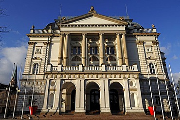 Main facade of Schwerin Theater, front view, Neoclassical style dated to 1882, Alter Garten, Schwerin, Mecklenburg-Western Pomerania, Germany, Europe