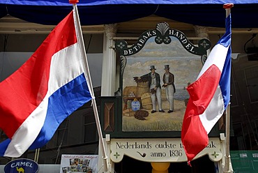 National flags at a tobacconist's, De Tabaks Handel, Gouda, Zuid-Holland, South Holland, The Netherlands, Europe