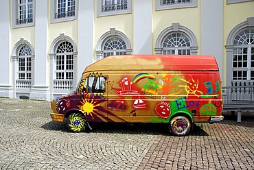 Painted DAF car in front of an art gallery by Pawel Althamer, 'Fruehling' exhibition, Fridericianum Museum, Friedrichsplatz Square, Kassel, Hesse, Germany, Europe