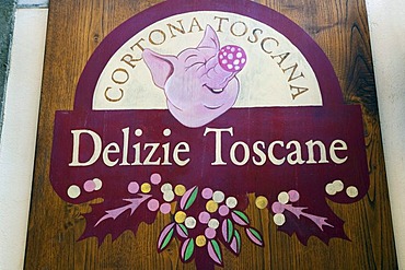 Tuscan butcher's sign with pig's head, Cortona, Tuscany, Italy, Europe