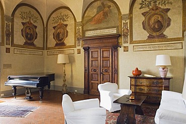 Living room of the winery Badia di Coltibuono, Chianti, Tuscany, Italy, Europe