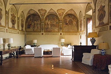 Living room of the winery Badia di Coltibuono, Chianti, Tuscany, Italy, Europe