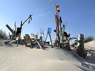 Beach art from various objects washed up from the North Sea island of Amrum, Germany, Schleswig-Holstein, Europe