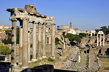 Pillars of the Temple of Saturn, Colosseum, Santa Francesca Romana, Temple of Vesta, Arch of Titus, Temple of Castor and Pollux, Forum Romanum, Roman Forum, Rome, Lazio, Italy, EuropeEurope