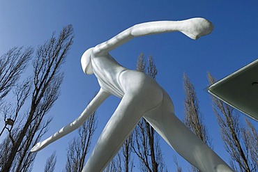 Walking man, sculpture in front of the building of the Munich Reinsurance Company, Leopold street, Munich, Bavaria, Germany, Europe