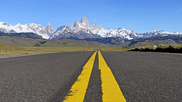 Street markings and the Andes, El Chalten, Patagonia, Argentina, South America