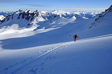 Back country skier with ski tracks in front of a panorama of mountain peaks, Chur, Graubuenden, Switzerland, Europe