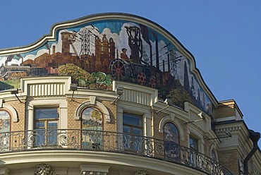 Soviet style mosaic art on top of the building of Hotel National, Moscow, Russia