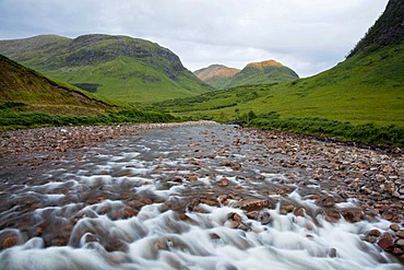 The River Etive in the Glen Etive in the Glen Coe in the Scottish Highlands, Scotland, United Kingdom, Europe