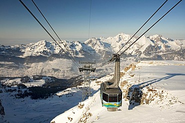 Cable car to the Chaeserrugg in Toggenburg, one of the seven Churfirsten, with a view to the Alpstein the with Saentis, Switzerland, Europe