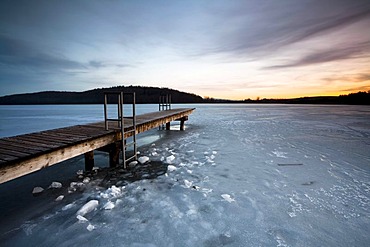 Jetty on the icy Mindelsee near Lake Constance at Radolfzell, Germany, Europe