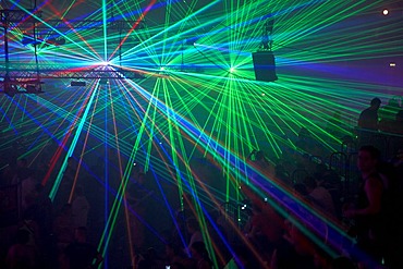 Laser show, Winter World 2010, techno festival in Sports Hall Oberwerth, Koblenz, Rhineland-Palatinate, Germany, Europe